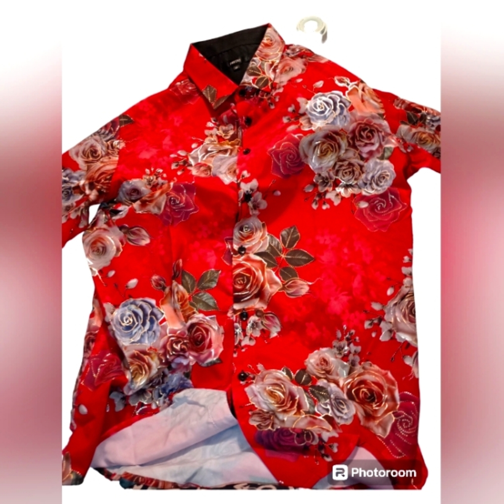 New Men's Pavini Red and Rose long sleeve Button up Shirt